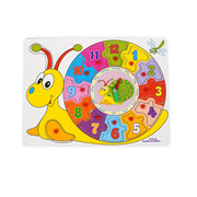 Snail-themed wooden clock puzzle with colorful numbered pieces and rotating clock hands, designed to teach kids how to tell time while improving fine motor skills and number recognition.