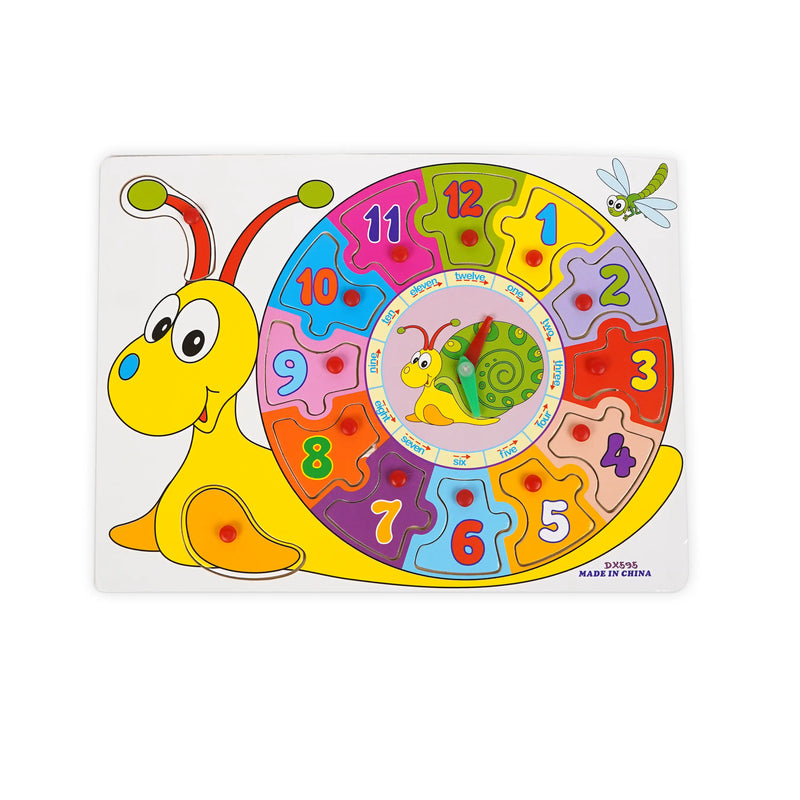 Snail-themed wooden clock puzzle with colorful numbered pieces and rotating clock hands, designed to teach kids how to tell time while improving fine motor skills and number recognition.