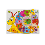Snail-themed wooden clock puzzle with colorful numbered pieces and rotating clock hands, designed to teach kids how to tell time while improving fine motor skills and number recognition.