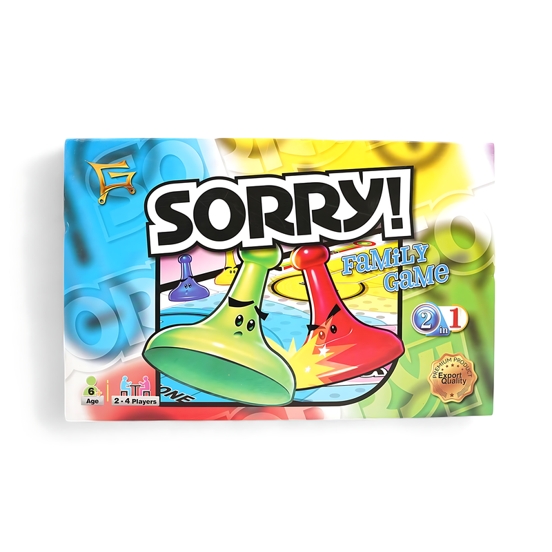 Sorry! 2-in-1 Family Game packaging with colorful, animated playing pieces for fun and competitive family gameplay.

