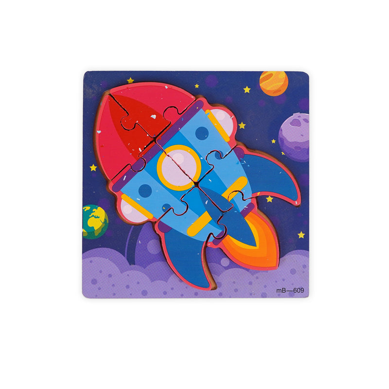 Colourful wooden rocket ship puzzle set against a space-themed background with planets and stars, designed to inspire imaginative play and improve fine motor skills in toddlers and young children.
