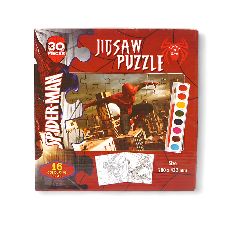 Spider-Man Jigsaw Puzzle Set - 30 Pieces with Coloring Pages and Watercolor Set for Kids

