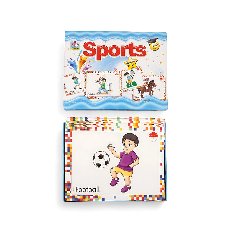 Sports-themed flashcards featuring illustrations of various sports, such as football, cricket, and tennis, packaged in a bright blue box for children aged 3+.

