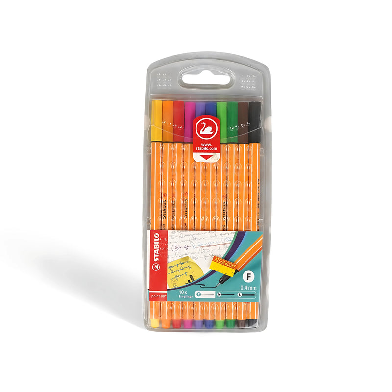 Stabilo Fineliner Set - 10 colors for precise writing and drawing, featuring water-based ink and ergonomic design.

