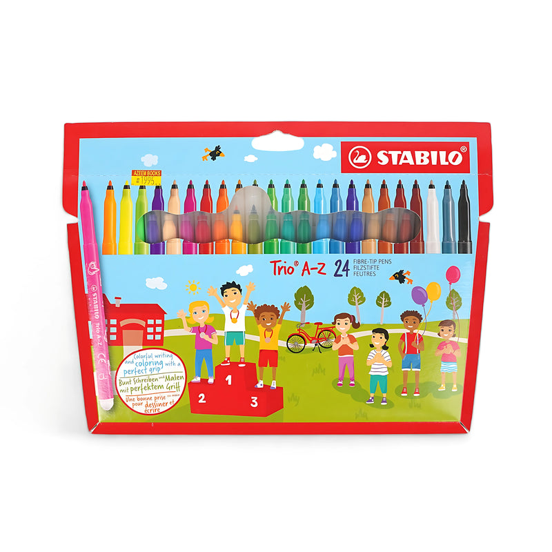 Stabilo Trio A-Z 24 Fibre-Tip Pens in vibrant colours with ergonomic grip, perfect for kids’ creativity and school projects.

