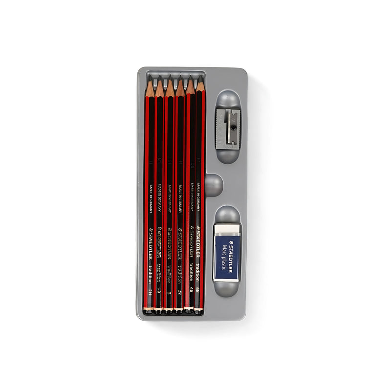 Staedtler Tradition Drawing Pencil Set - 6 Piece, includes sharpener and eraser, perfect for sketching and shading.

