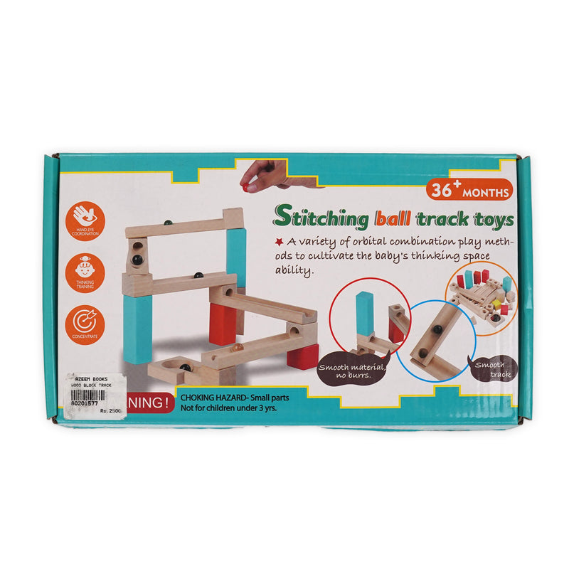 Wooden marble run toy set with colorful blocks and smooth track pieces, designed to stimulate spatial awareness, problem-solving, and hand-eye coordination in children aged 3+.