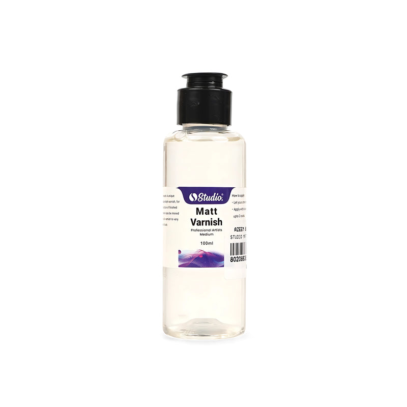 Bottle of Studio Matt Varnish, 100ml, designed to provide a protective, matte finish for acrylic and oil artwork.

