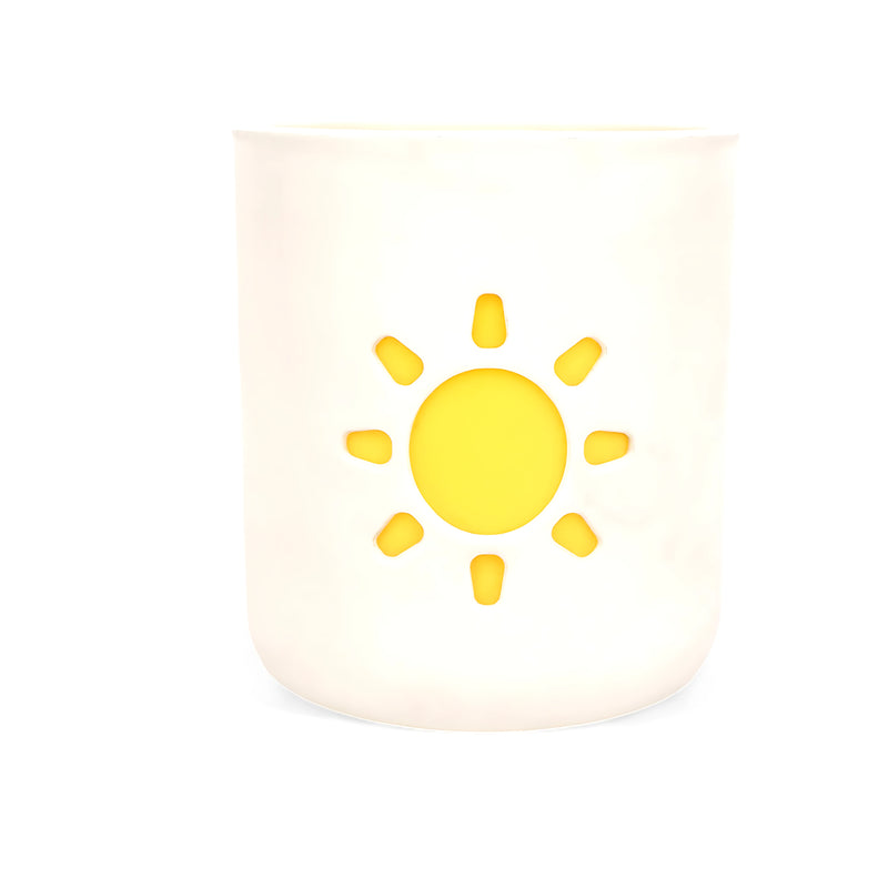 Sun-themed ceramic pen holder with a bright yellow interior, ideal for organizing pens and stationery on desks.

