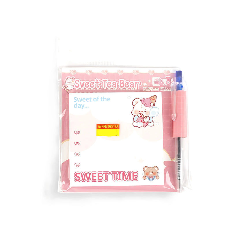 Sweet Tea Bear Memo Pad set featuring 60 pink-themed sheets and an included matching pen, packaged in transparent plastic for easy use.

