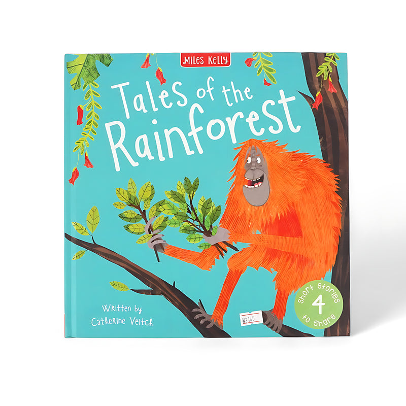 Cover of Tales of the Rainforest by Catherine Veitch, featuring an illustration of an orangutan perched on a branch, surrounded by rainforest leaves and flowers.






