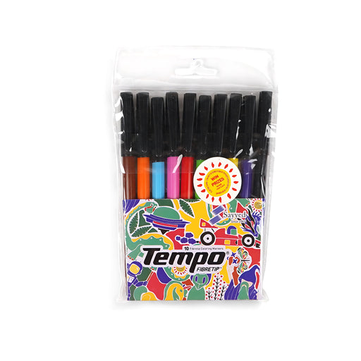 Tempo FibreTip™ Coloring Markers in a clear resealable pouch, available in 10-piece sets, featuring vibrant colors and non-toxic ink.

