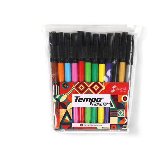 Tempo FibreTip™ Coloring Markers in a clear resealable pouch, available in 12-pieces sets, featuring vibrant colors and non-toxic ink.

