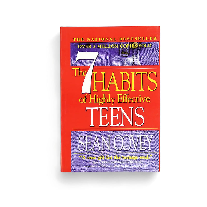 Cover of The 7 Habits of Highly Effective Teens by Sean Covey, featuring a bright red design with bold typography and a denim-inspired section.


