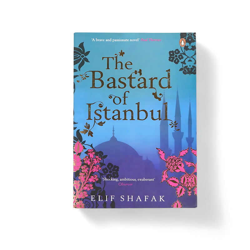 Cover of The Bastard of Istanbul by Elif Shafak, featuring floral patterns and the silhouette of Istanbul's skyline in blue and pink, symbolizing cultural fusion.






