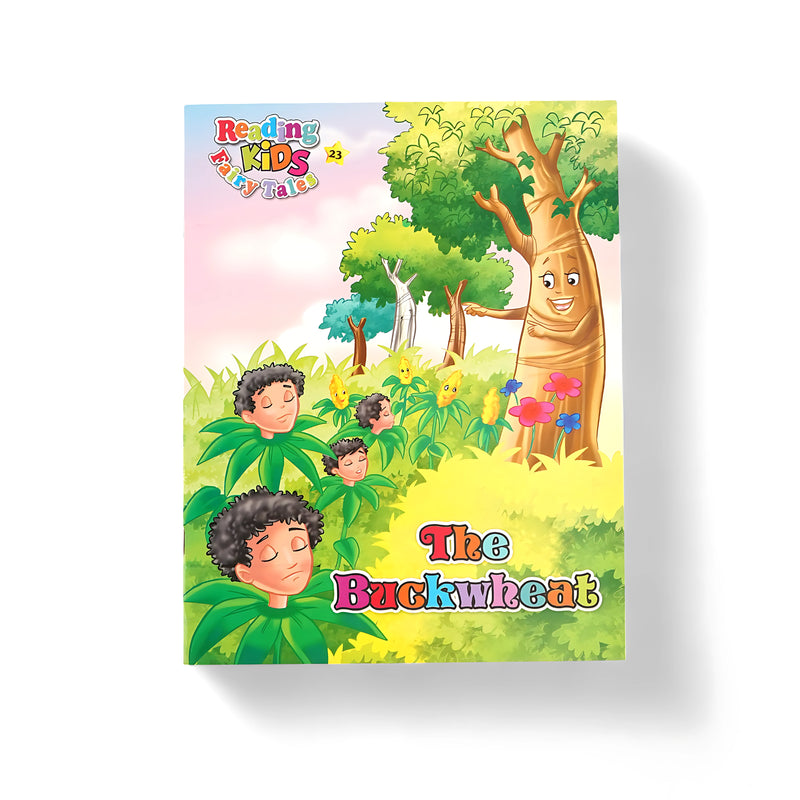 Illustrated cover of The Buckwheat from the Reading Kids Fairy Tales series, featuring personified plants and a friendly tree in a lush natural setting.

