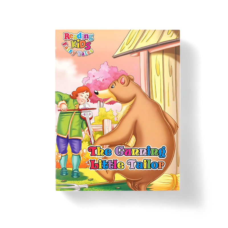 Illustrated cover of The Cunning Little Tailor from the Reading Kids Fairy Tales series, featuring a clever tailor interacting with a large bear in a playful outdoor setting.

