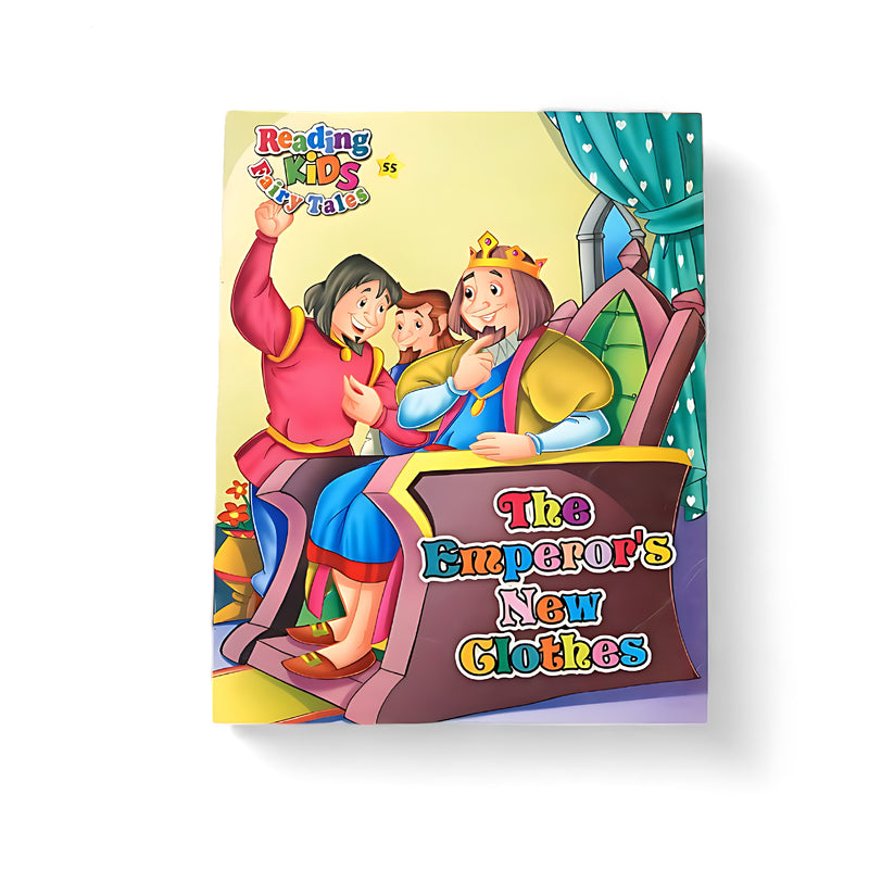 Cover of The Emperor's New Clothes featuring the emperor seated on a throne, talking with two cunning weavers about his invisible new clothes. The cover captures the humorous tone of the story.






