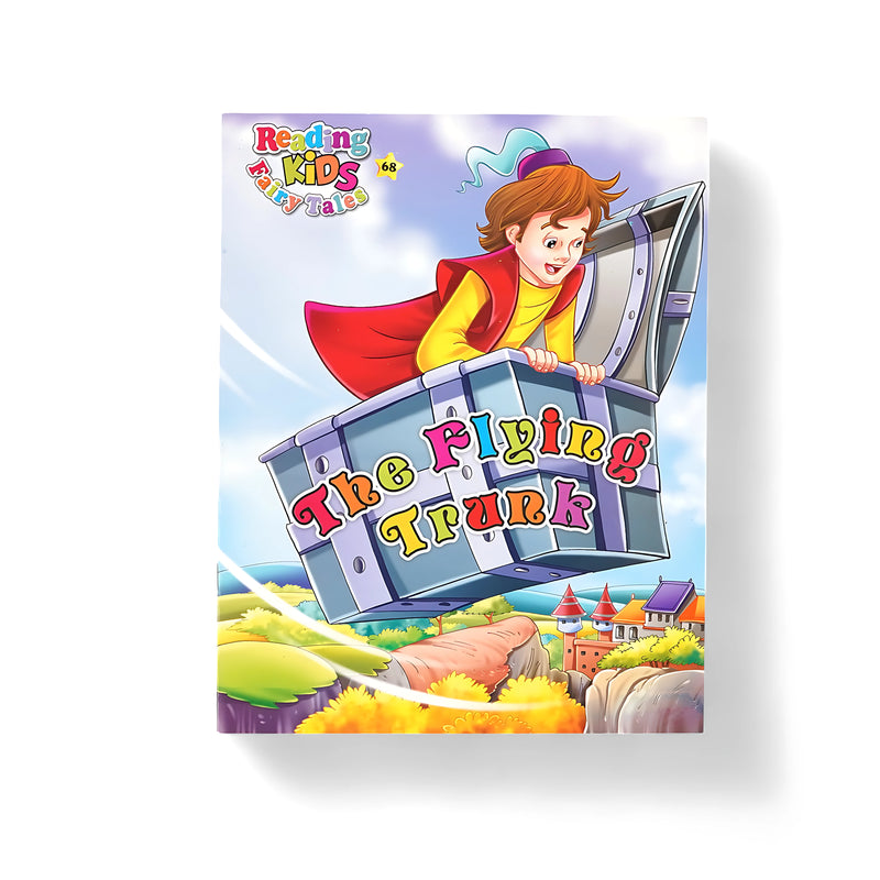 Illustrated cover of The Flying Trunk from the Reading Kids Fairy Tales series, showing a young boy flying in a magical trunk over a colorful landscape.

