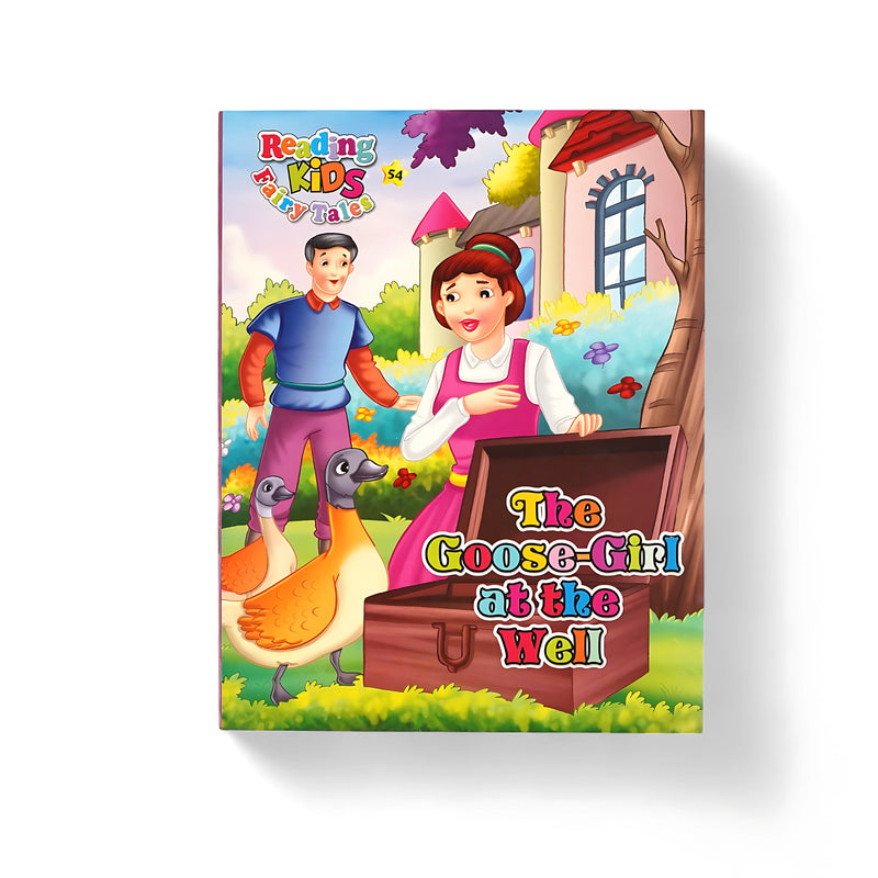 Illustrated cover of The Goose-Girl at the Well from the Reading Kids Fairy Tales series, featuring a young girl tending geese at a well, with a bright and colorful background.

