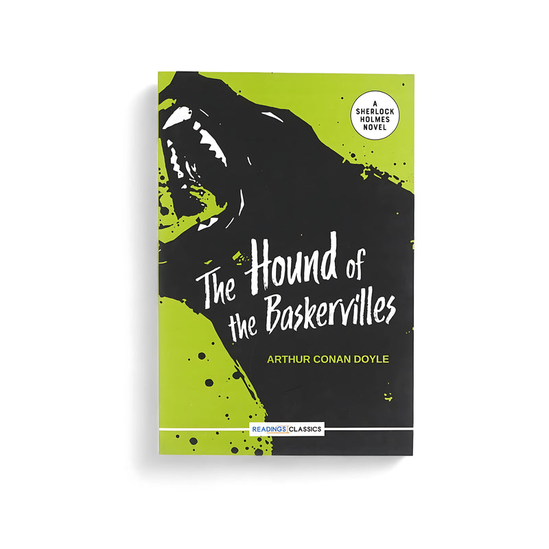 Cover of The Hound of the Baskervilles by Arthur Conan Doyle, featuring a shadowy hound silhouette on a green background, hinting at the eerie and suspenseful mystery within.







