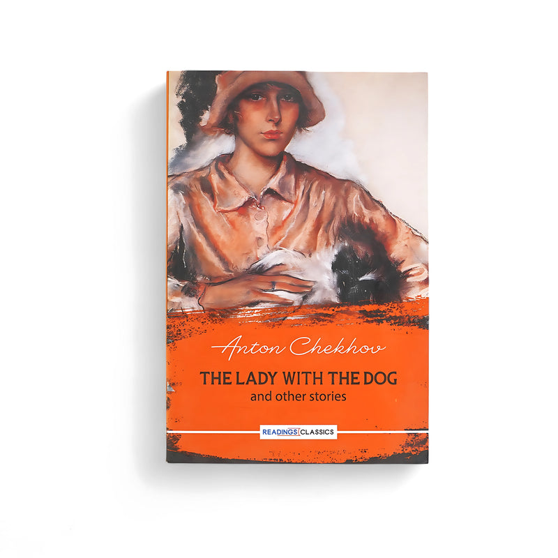 Cover of The Lady with the Dog and Other Stories by Anton Chekhov, featuring a portrait illustration with warm orange hues, symbolizing introspection and nostalgia.

