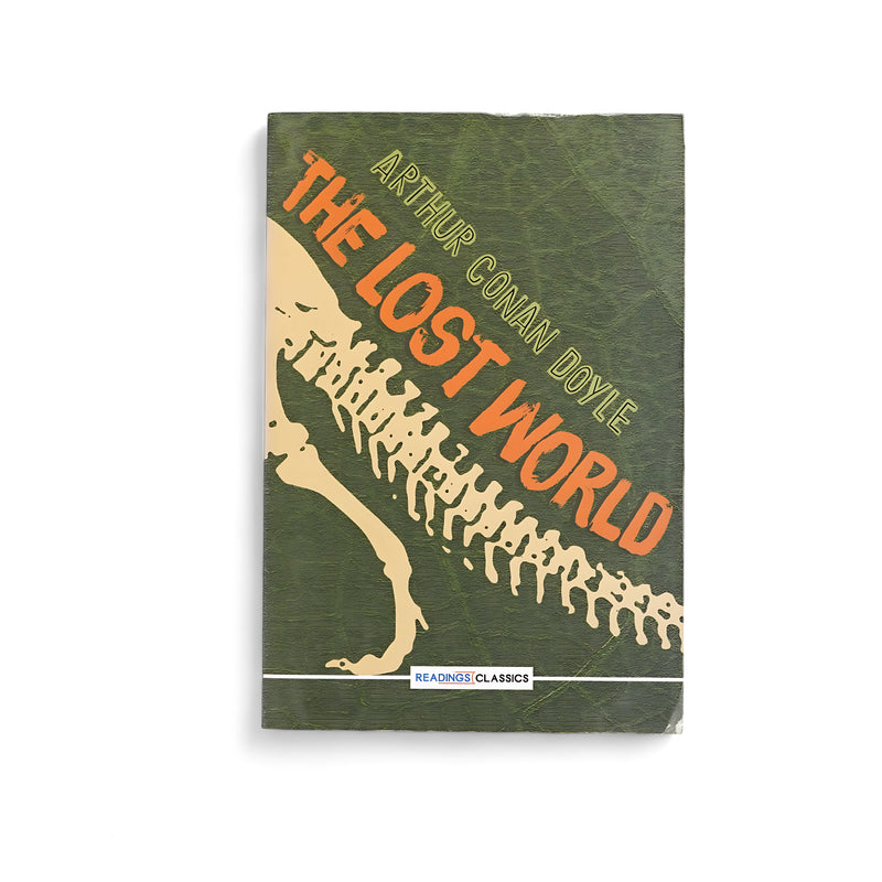 Cover of The Lost World by Arthur Conan Doyle, featuring a green background with a skeletal dinosaur outline, representing the novel’s thrilling prehistoric adventure.

