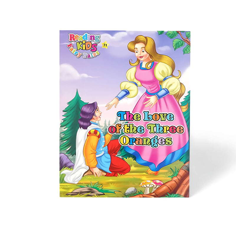 Illustrated cover of The Love of the Three Oranges from the Reading Kids Fairy Tales series, featuring a prince and a magical character amidst a whimsical outdoor setting.


