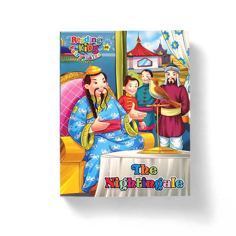 Illustrated cover of The Nightingale storybook, showing an emperor with a nightingale perched on a golden stand, surrounded by colorful characters from the tale.

