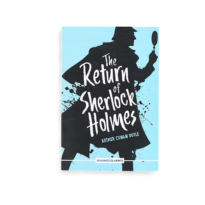 Cover of The Return of Sherlock Holmes by Arthur Conan Doyle, featuring a silhouette of Sherlock Holmes holding a magnifying glass against a light blue background.

