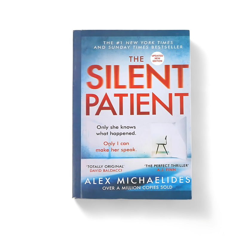Cover of The Silent Patient by Alex Michaelides, featuring a minimalist design with a solitary chair, conveying the eerie silence that surrounds the protagonist, Alicia Berenson.






