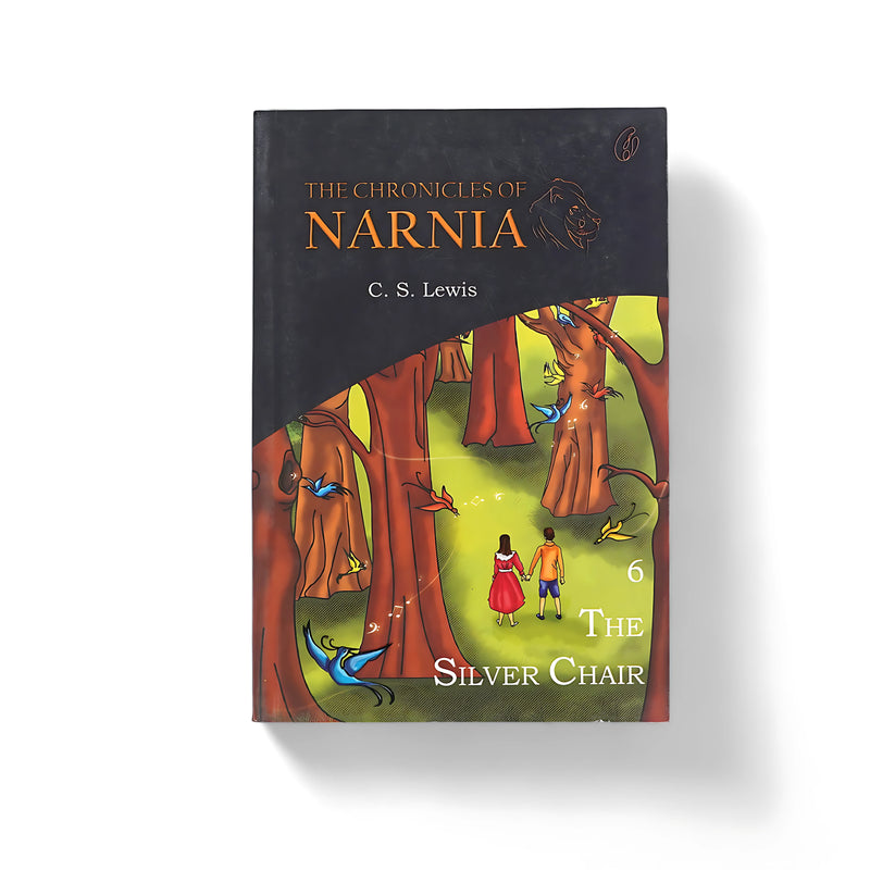 Cover of The Silver Chair by C.S. Lewis, featuring Eustace and Jill in a forest, surrounded by colorful birds, symbolizing adventure and wonder.

