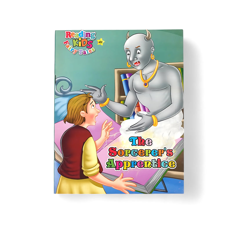 Illustrated cover of The Sorcerer’s Apprentice from the Reading Kids Fairy Tales series, featuring a young apprentice casting a spell and encountering magical trouble.

