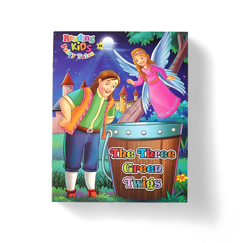 Illustrated cover of The Three Green Twigs from the Reading Kids Fairy Tales series, featuring a magical scene with a fairy and a man holding green twigs under a night sky.

