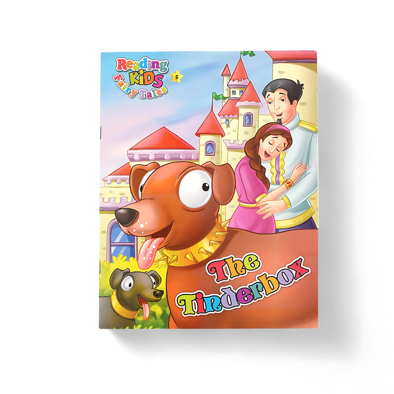 Illustrated cover of The Tinderbox from the Reading Kids Fairy Tales series, featuring a happy couple with a playful dog against a castle backdrop.

