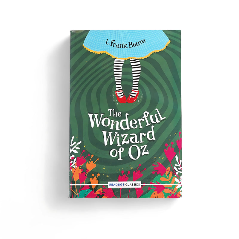 Cover of The Wonderful Wizard of Oz by L. Frank Baum, featuring a whimsical design with Dorothy's red shoes and floral elements, representing the magical world of Oz.

