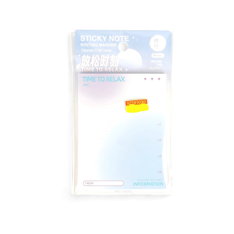 "Time to Relax" sticky note pad featuring a soothing pastel design with sections for date and notes, packaged in transparent plastic.

