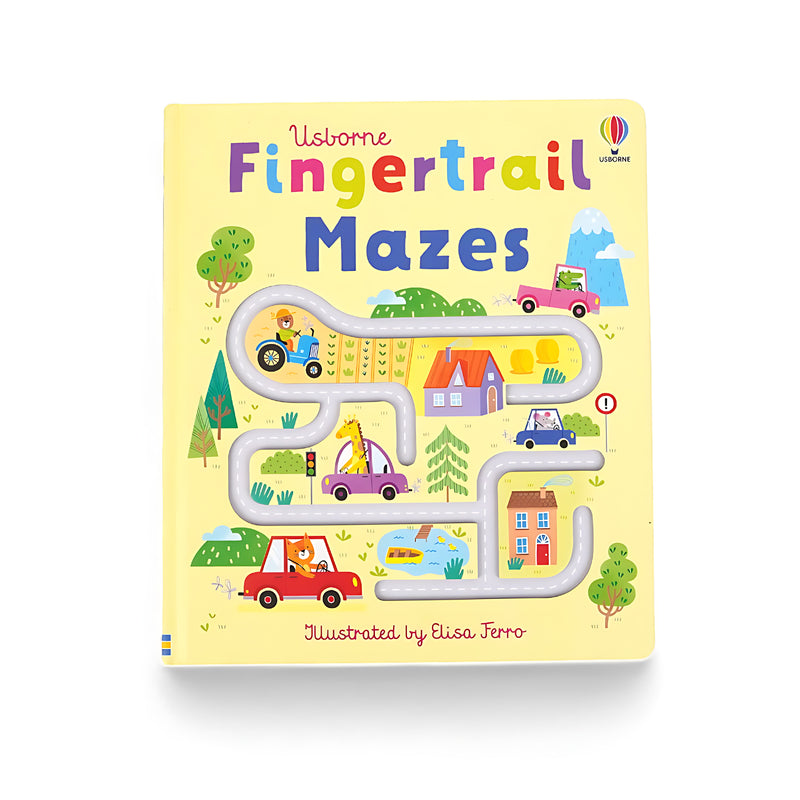 Cover of Usborne Fingertrail Mazes showing colorful illustrations of vehicles and animals with finger-tracing paths to explore.






