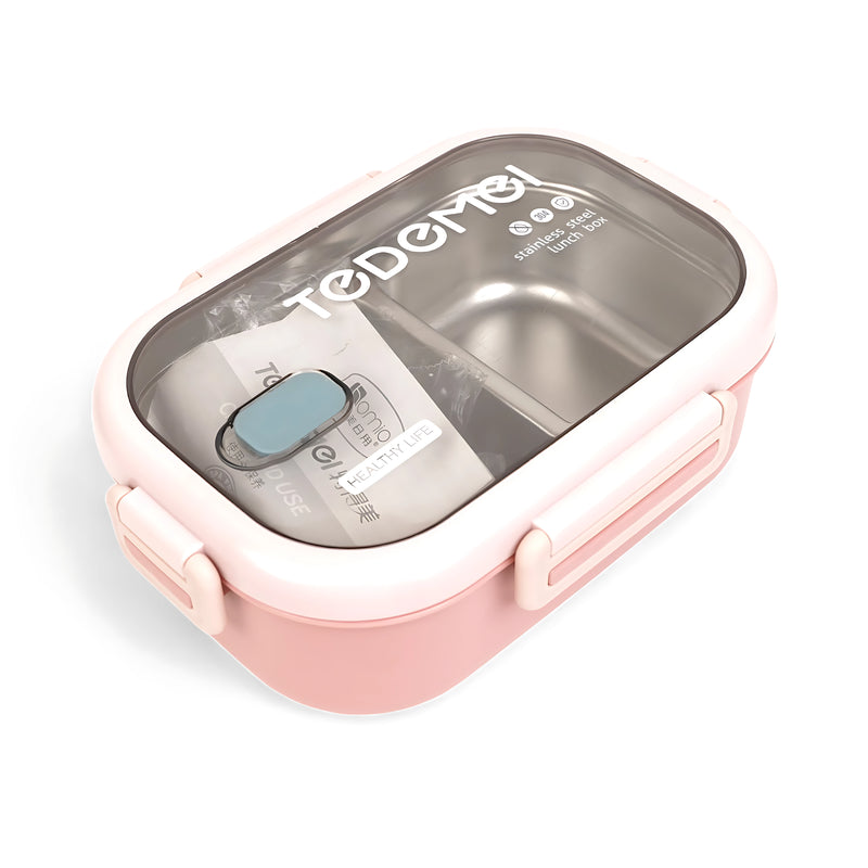 Todomei Stainless Steel Lunch Box with dual compartments, pink accents, and leak-proof design for fresh and organized meals. Eco-friendly and durable.






