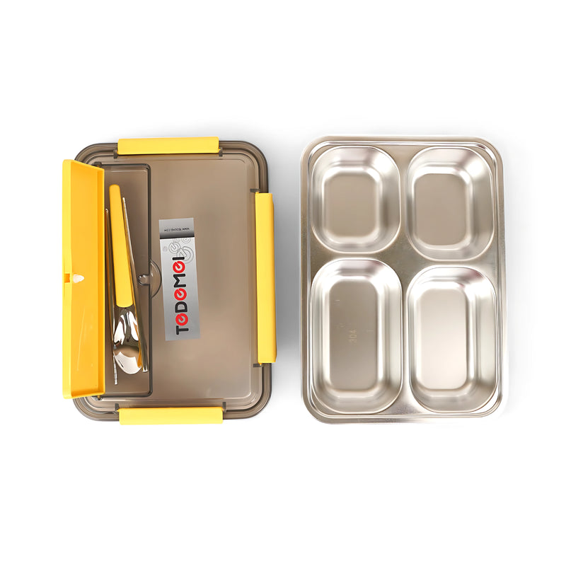 Todomei Stainless Steel Lunch Box - Dual Compartment with Yellow Accents