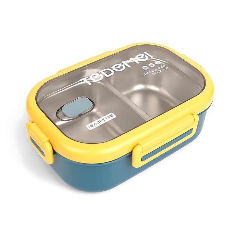 Todomei Stainless Steel Lunch Box with Yellow and Teal Accents – Dual Compartment, Leak-Proof Design
