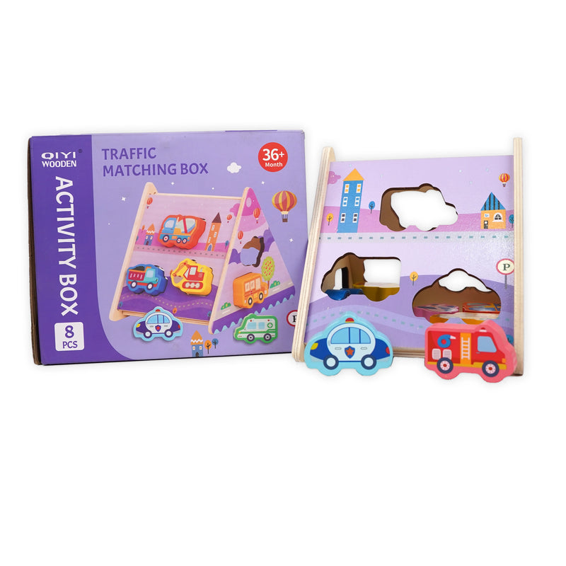 Traffic Matching Box – 8-piece wooden set with colorful traffic vehicles and matching board for toddlers aged 36+ months