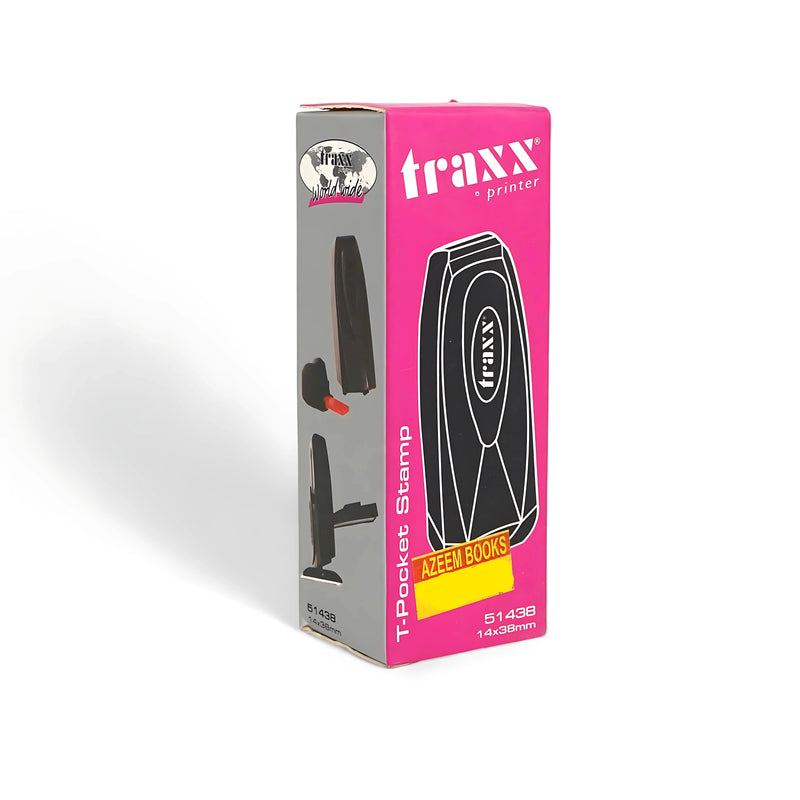 Traxx 51438 T-Pocket self-inking stamp with 14 x 38 mm size, shown with vibrant packaging for portability and professional use.

