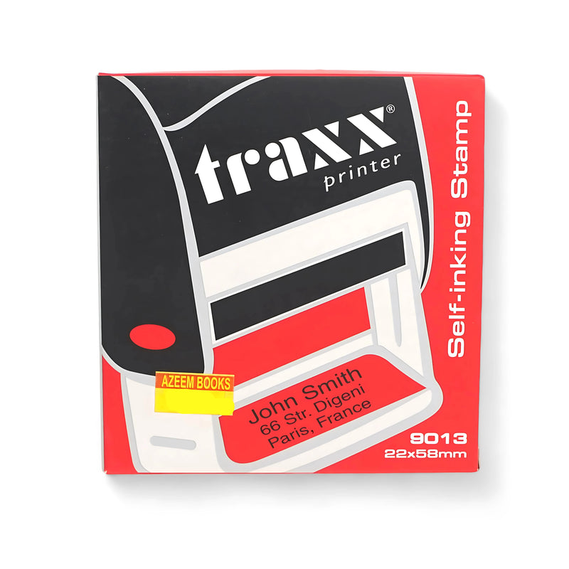 Traxx 9013 self-inking stamp with 22 x 58 mm customizable text plate, displayed in red and black packaging, ideal for professional and personal use.

