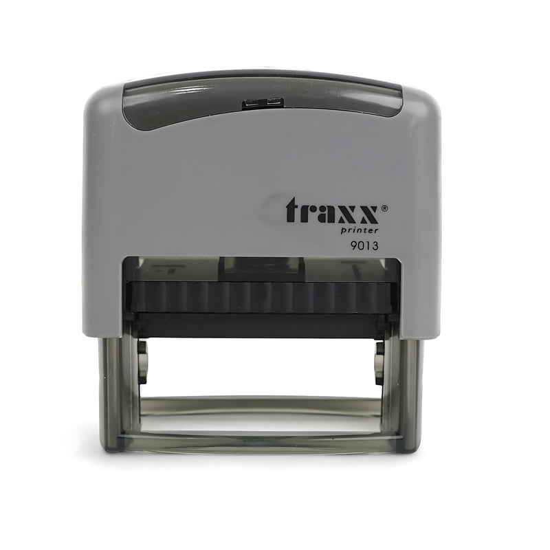 Traxx 9013 self-inking stamp with 22 x 58 mm customizable text plate, displayed in red and black packaging, ideal for professional and personal use. without box