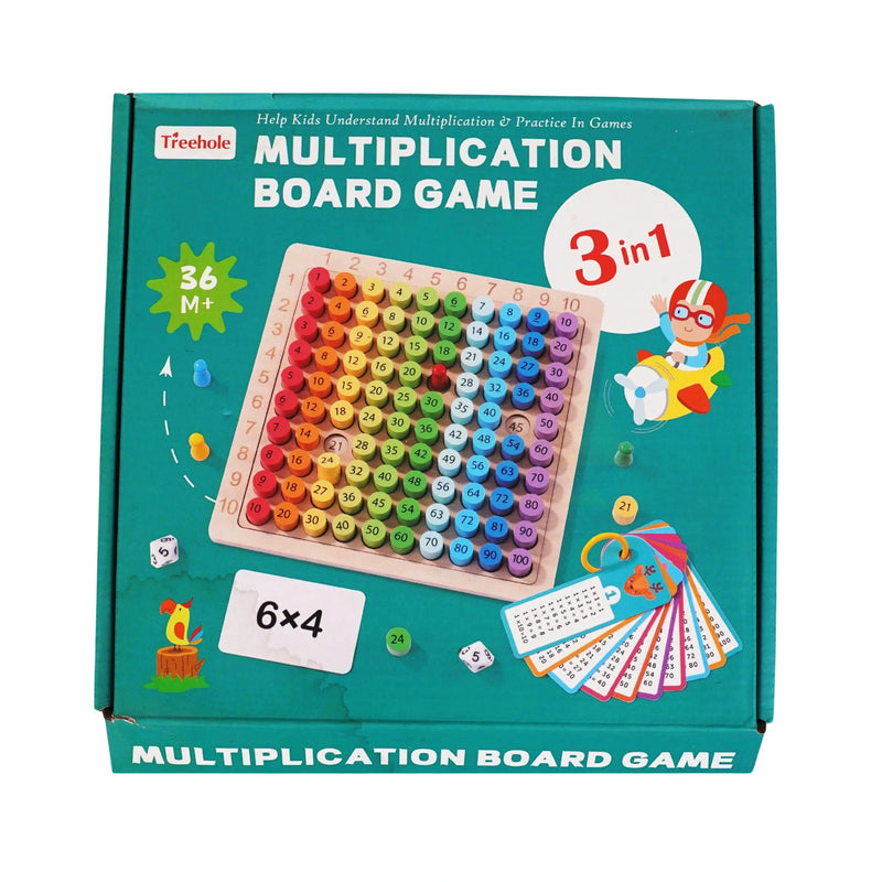 Treehole 3-in-1 Wooden Multiplication Board Game – Educational Math Learning Tool for Kids 36+ months, colorful numbered blocks with flashcards and dice.