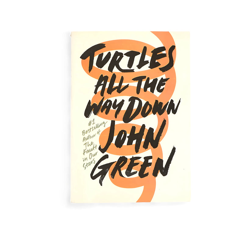 Cover of Turtles All the Way Down by John Green, featuring swirling typography reflecting the complexity of thought loops associated with OCD.


