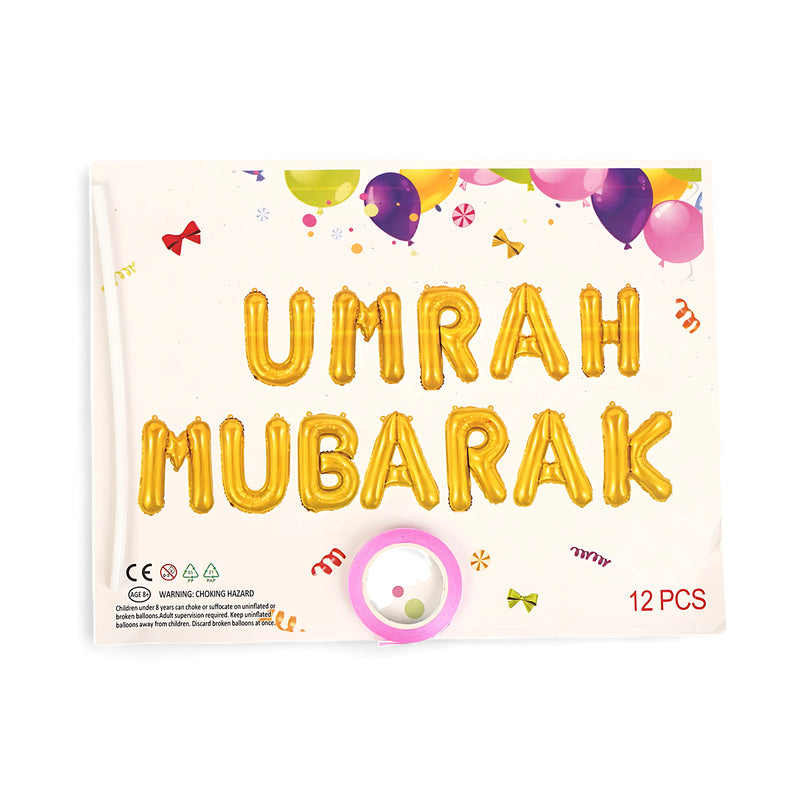 "UMRAH MUBARAK" Gold Foil Balloon Set – Elegant Islamic Celebration Decor for Umrah Homecoming