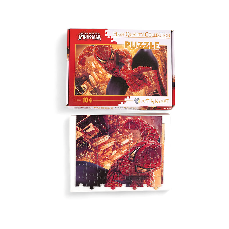 Ultimate Spider-Man 104-piece jigsaw puzzle featuring the superhero swinging through the cityscape, packaged in a red-themed box.

