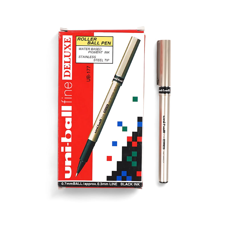 Uni-Ball Fine Deluxe Rollerball Pen UB-177 with 0.7mm stainless steel tip and black ink for professional writing and drawing.

